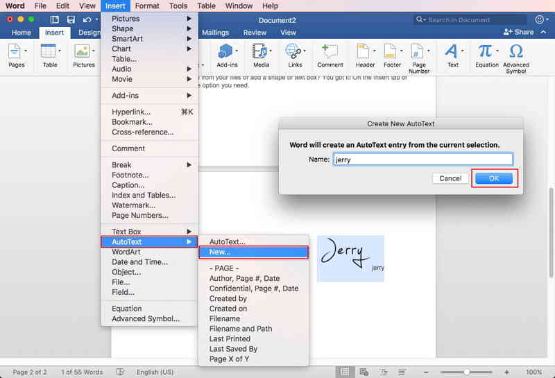 add a signature to excel for mac